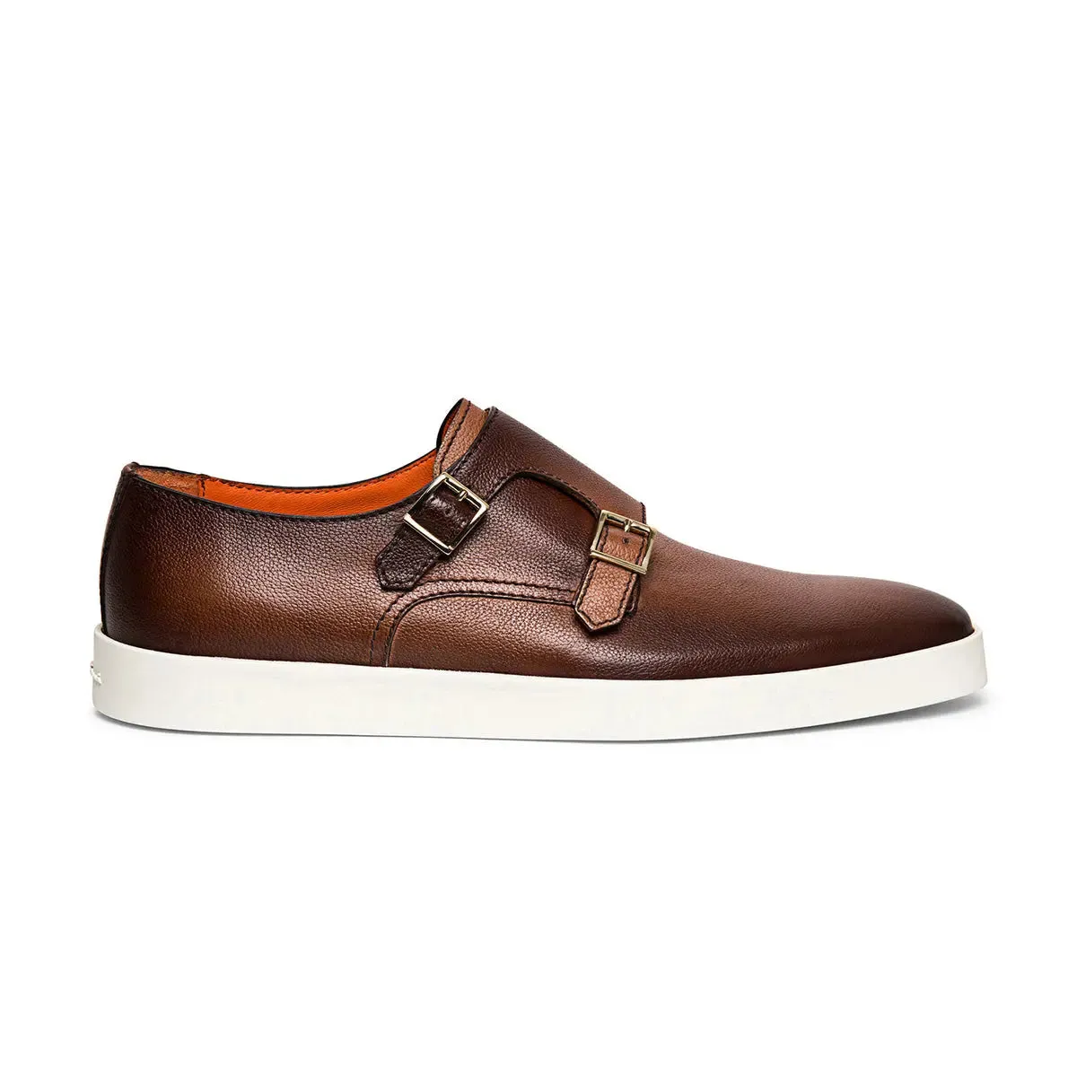 Brown Tumbled Leather Double-Buckle Shoe