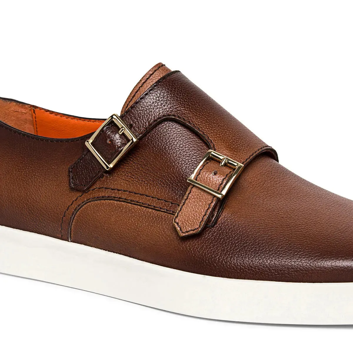 Brown Tumbled Leather Double-Buckle Shoe