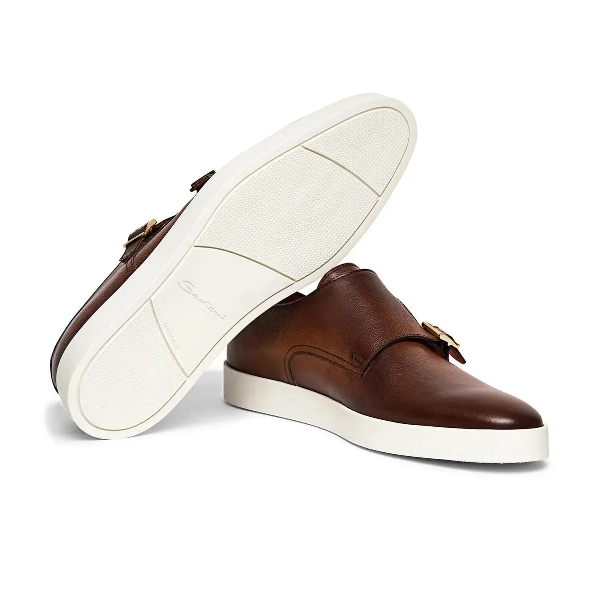 Brown Tumbled Leather Double-Buckle Shoe