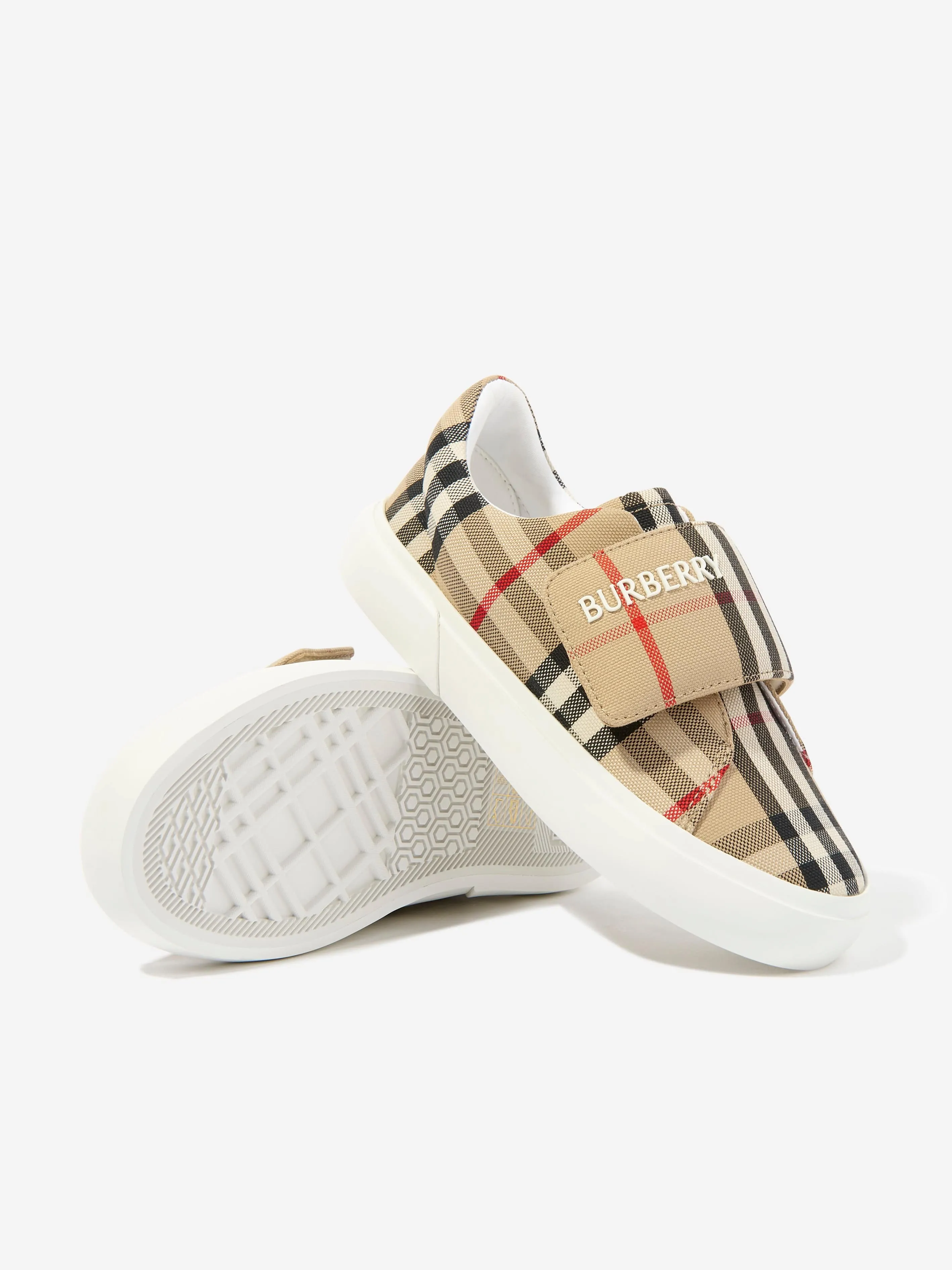 Burberry Kids Cotton Check Velcro Strap Trainers in Beige