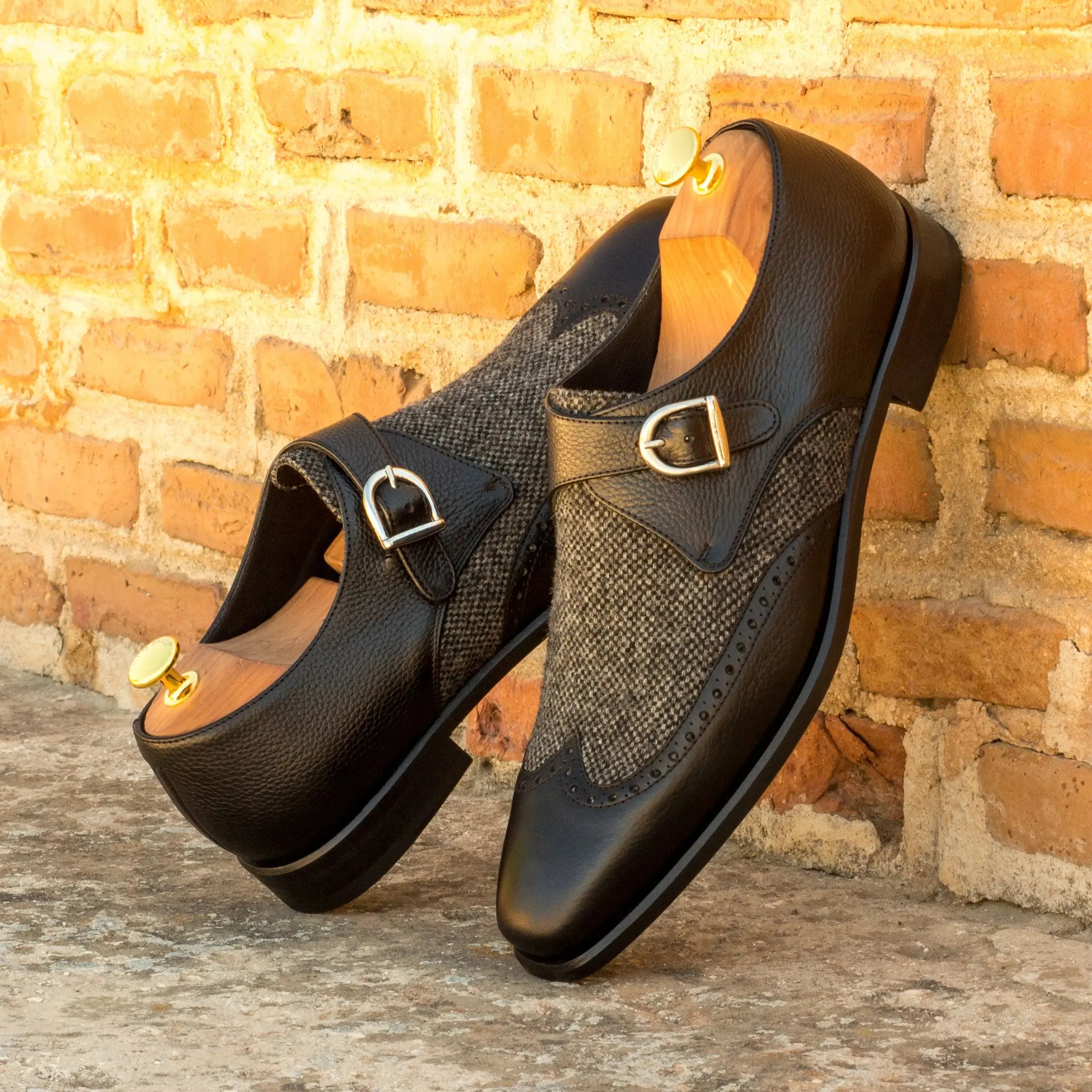 DapperFam Brenno in Black / Nailhead Men's Sartorial & Italian Full Grain Leather Single Monk