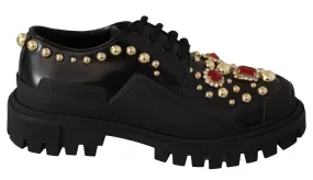 Dolce & Gabbana Black Leather Crystals Studs Formal Derby Shoes