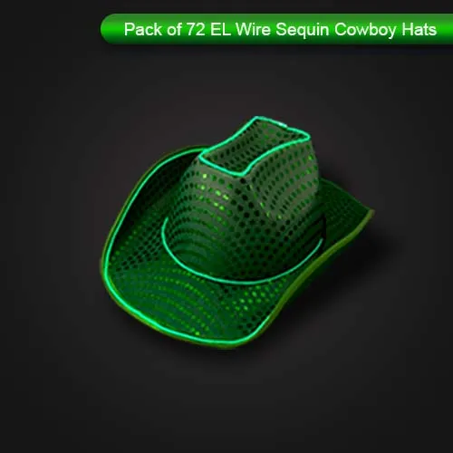 LED Flashing Green EL Wire Sequin Cowboy Party Hat - Pack of 72 Hats