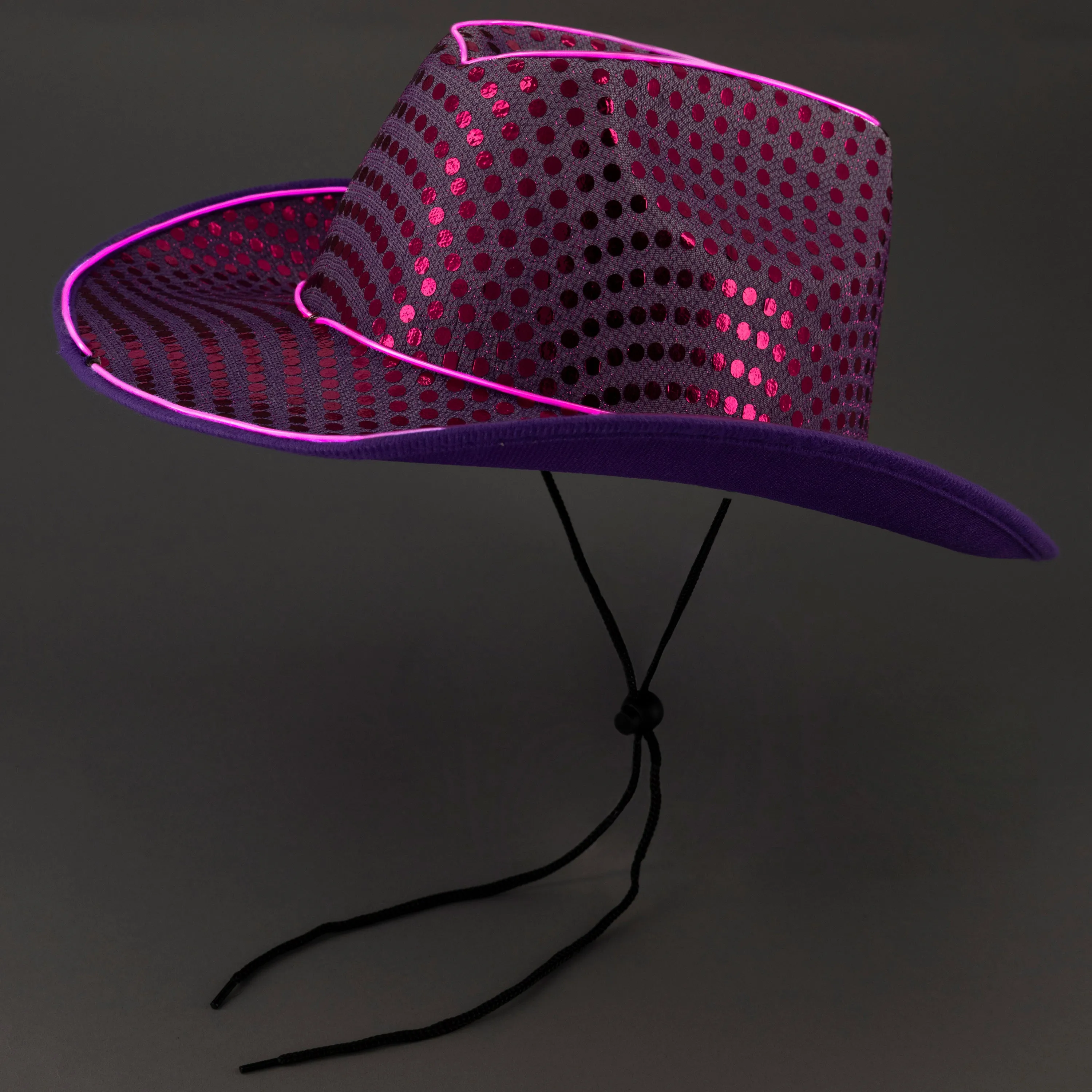 LED Flashing Purple EL Wire Sequin Cowboy Party Hat - Pack of 36 Hats