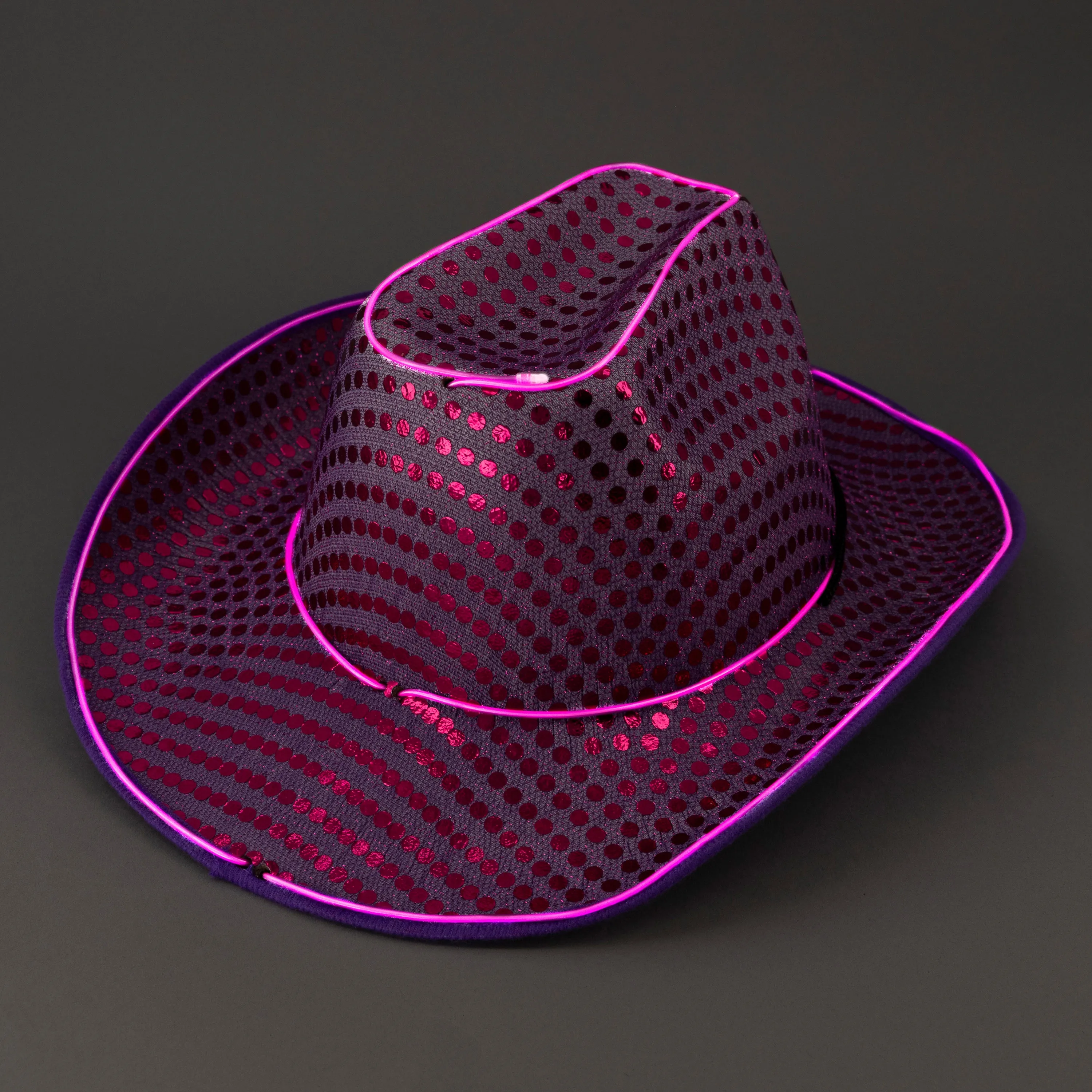 LED Flashing Purple EL Wire Sequin Cowboy Party Hat - Pack of 36 Hats