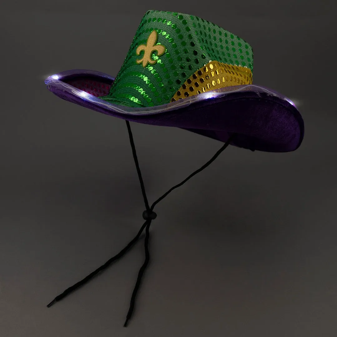 LED Light Up Flashing Mardi Gras Sequin Cowboy Hats - Pack of 3