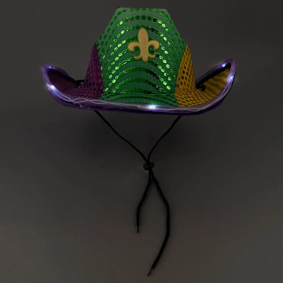 LED Light Up Flashing Mardi Gras Sequin Cowboy Hats - Pack of 3