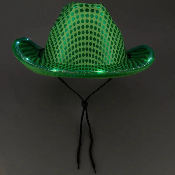 LED Light Up Flashing Sequin Green & Orange Cowboy Hat - Pack of 2 Hats