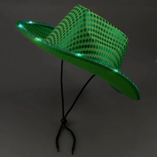 LED Light Up Flashing Sequin Green & Orange Cowboy Hat - Pack of 2 Hats