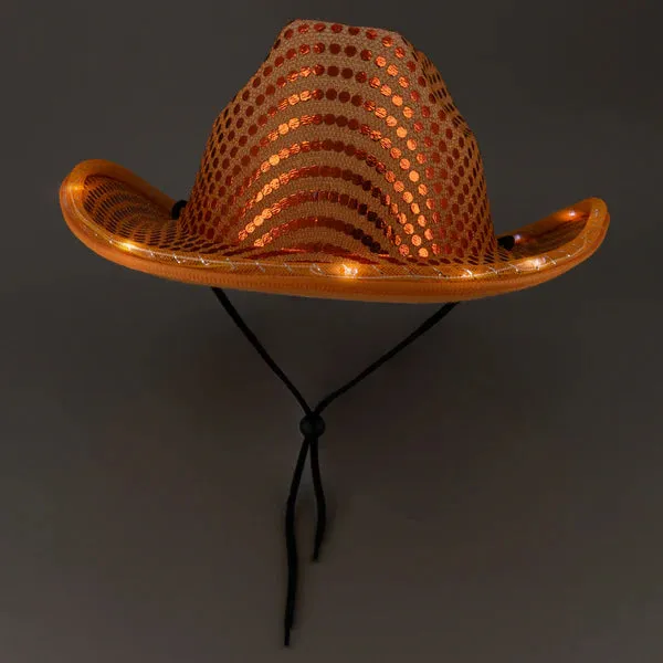 LED Light Up Flashing Sequin Green & Orange Cowboy Hat - Pack of 2 Hats