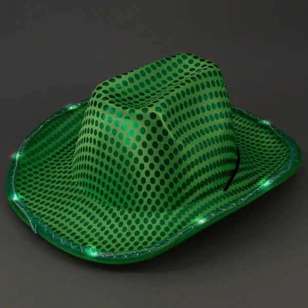 LED Light Up Flashing Sequin Green & Orange Cowboy Hat - Pack of 2 Hats