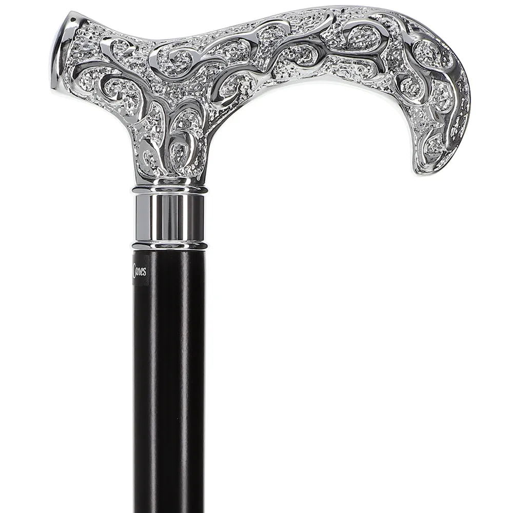 Scratch and Dent Extra Strong Silver Scroll Derby Cane: Beechwood, Silver V3039